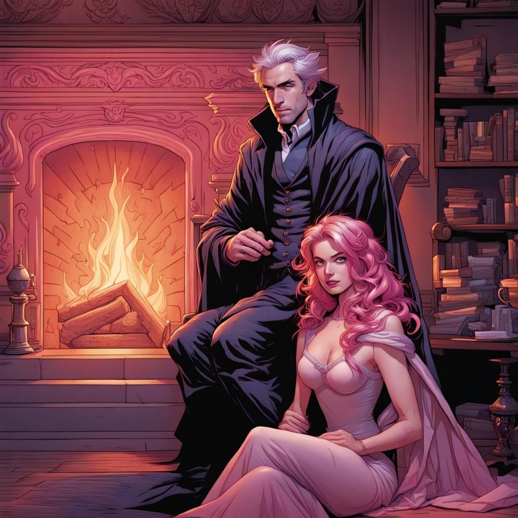 Wizard and Queen by Fireplace in Comic Book Art