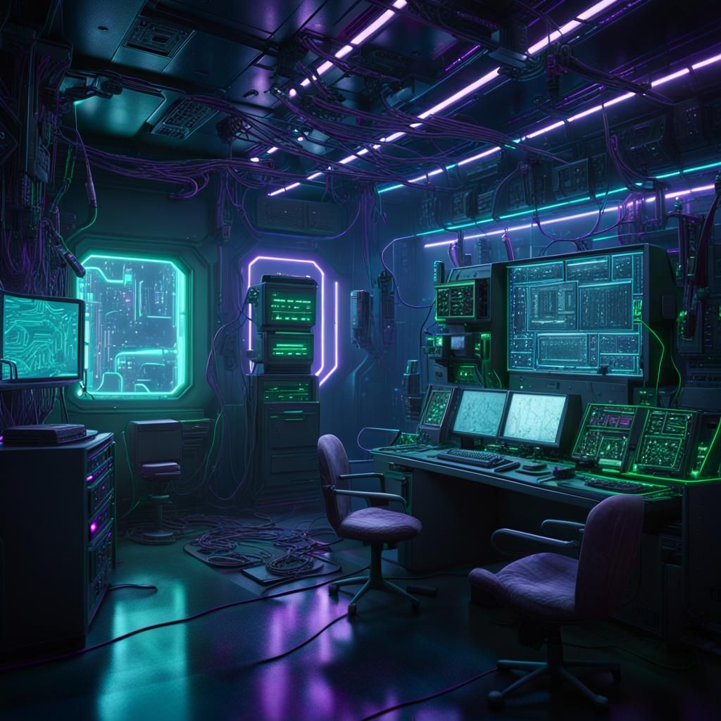 Cyberpunk Interior: Neon Lights Illuminate Foggy Circuitry