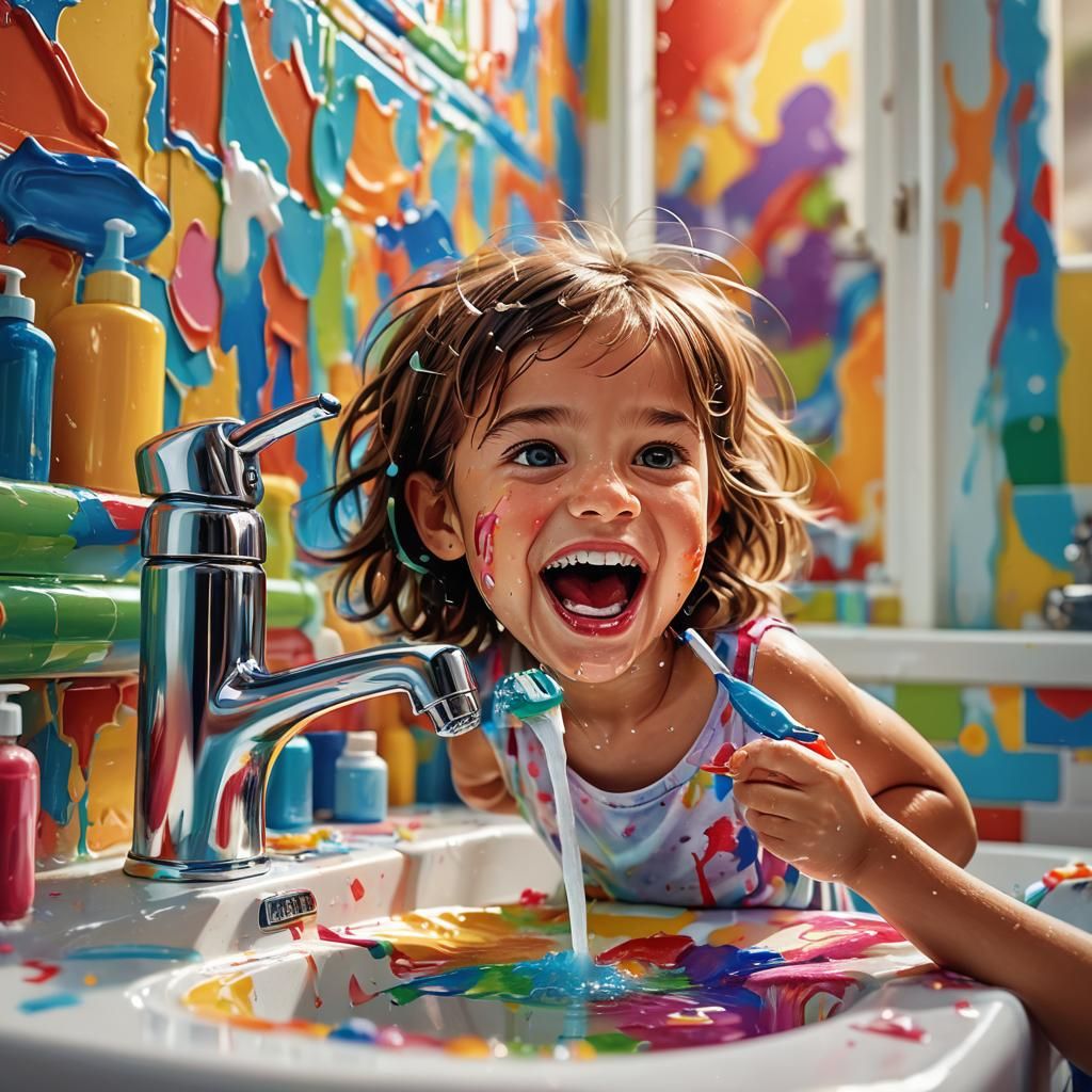 Child Brushing Teeth: Vibrant Oil Painting Concept Art