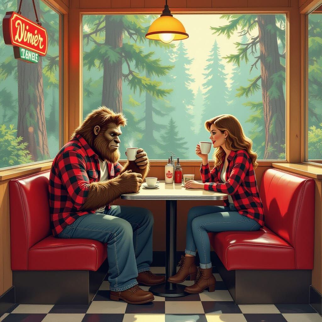 Sasquatch Sipping Coffee at Retro Diner in Americana Style
