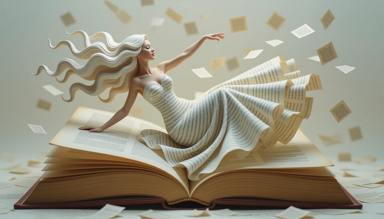 Sculpted Woman Emerging from Book in Surreal Scene