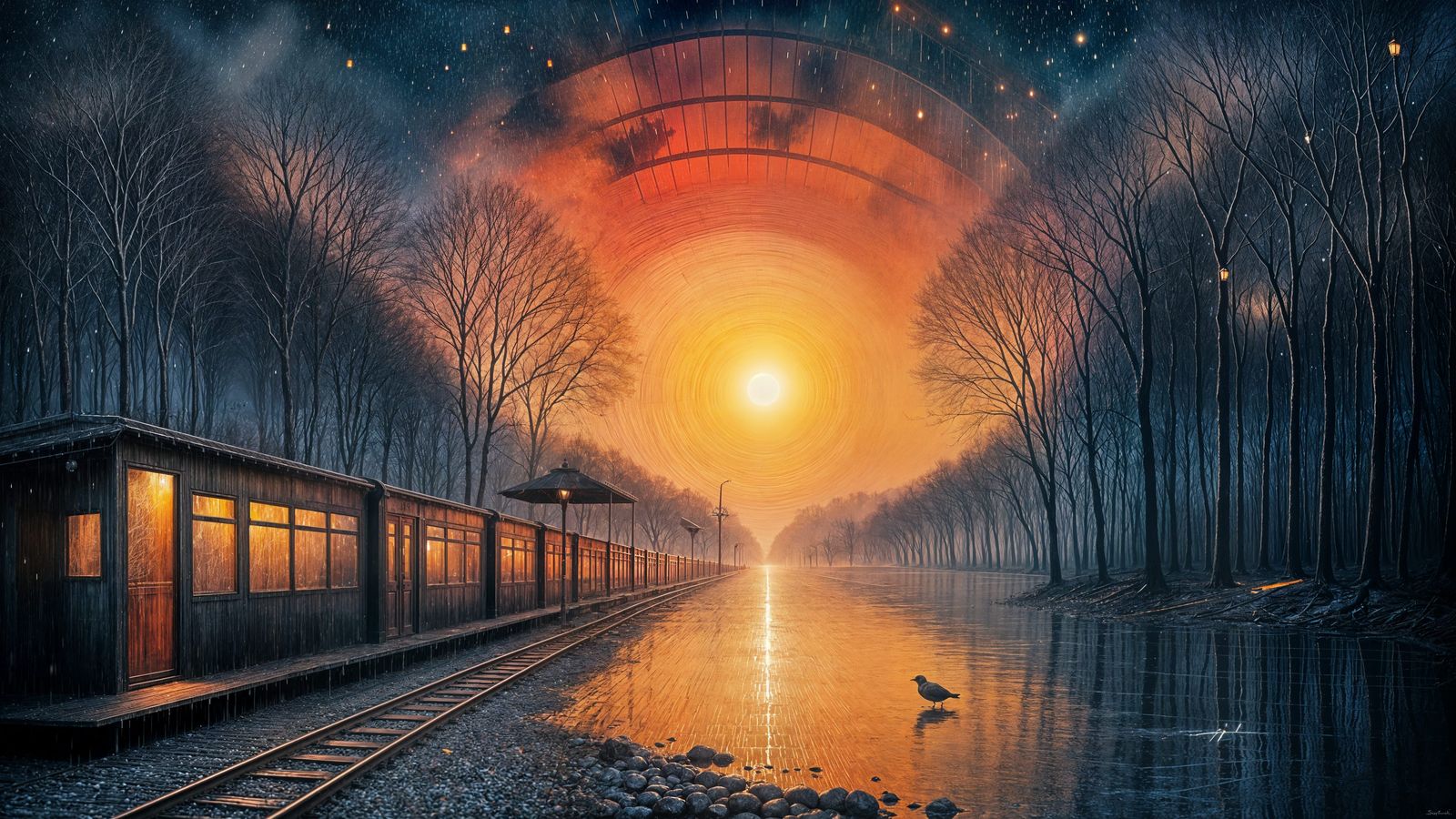 Fantastical Midnight Train Meets Fiery Sunrise
