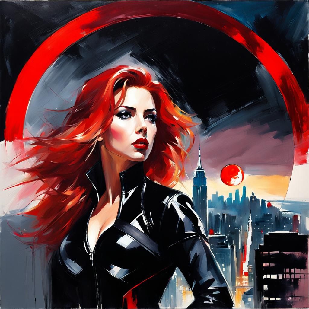 Scarlett Johansson as Black Widow in a Melancholic Oil Paint...