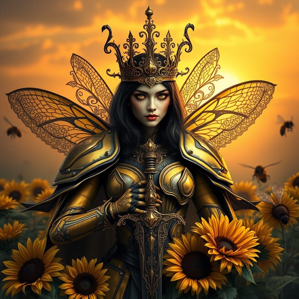 Regal Bumblebee Queen in Dark Fantasy Armor