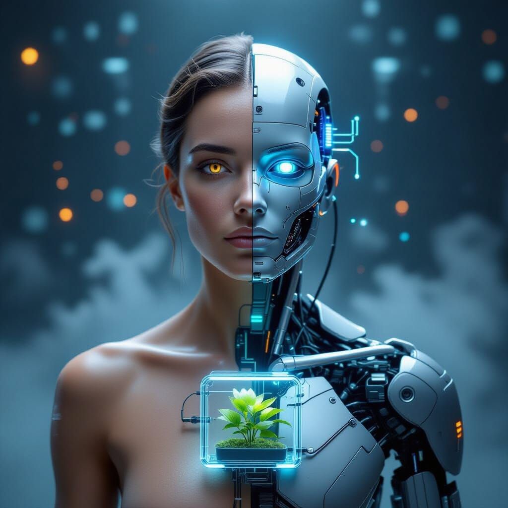 Human-AI Fusion Portrait: Realistic Skin Meets Futuristic Te...