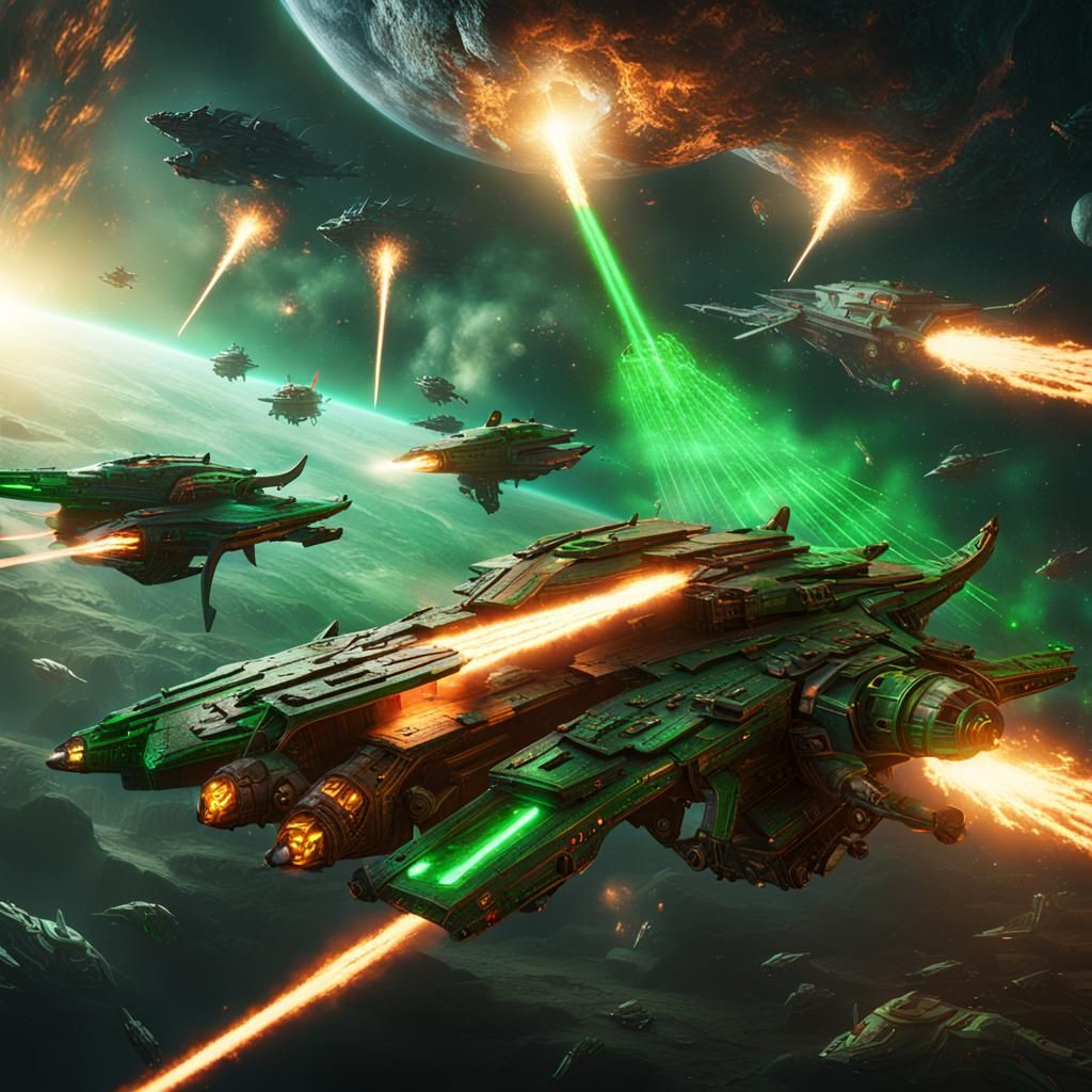 Vorlon Battleships Fire Green Lasers in Space Battle