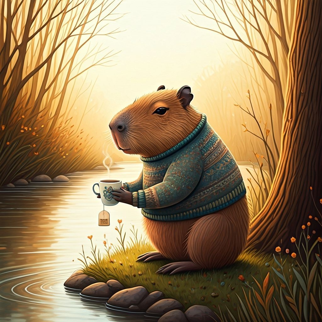 Capybara's Cozy Tea Time by the Stream