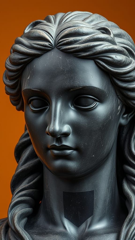 Elegant Ancient Figure in Dark Stone with Geometric Contrast