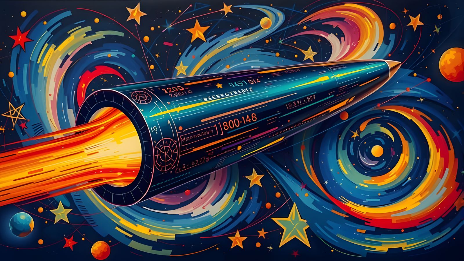 Gleaming Cylinder Races Through Chagall-esque Cosmos as Impa...