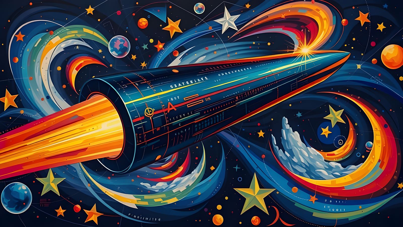 Futuristic Cylinder Races Through Impasto Starry Cosmos