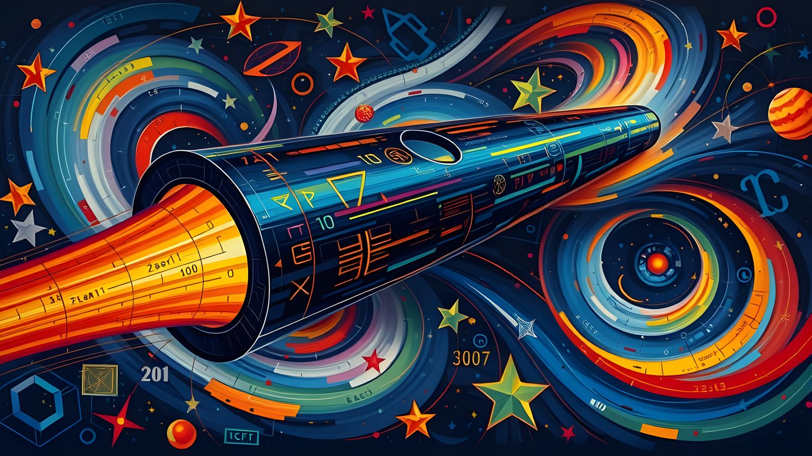 Futuristic Cylinder Races Through Starry Cosmos as Impasto P...