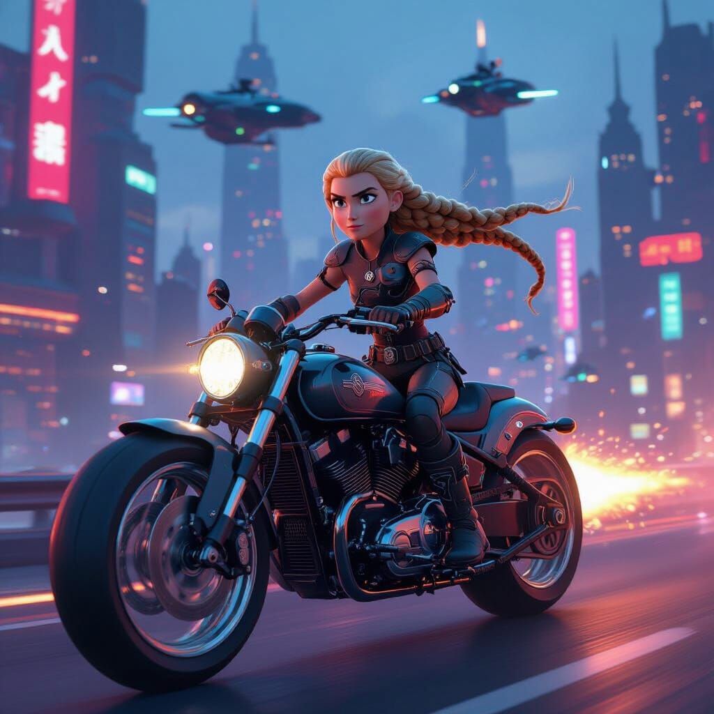 Astrid on a Futuristic Motorcycle in Cyberpunk Cityscape