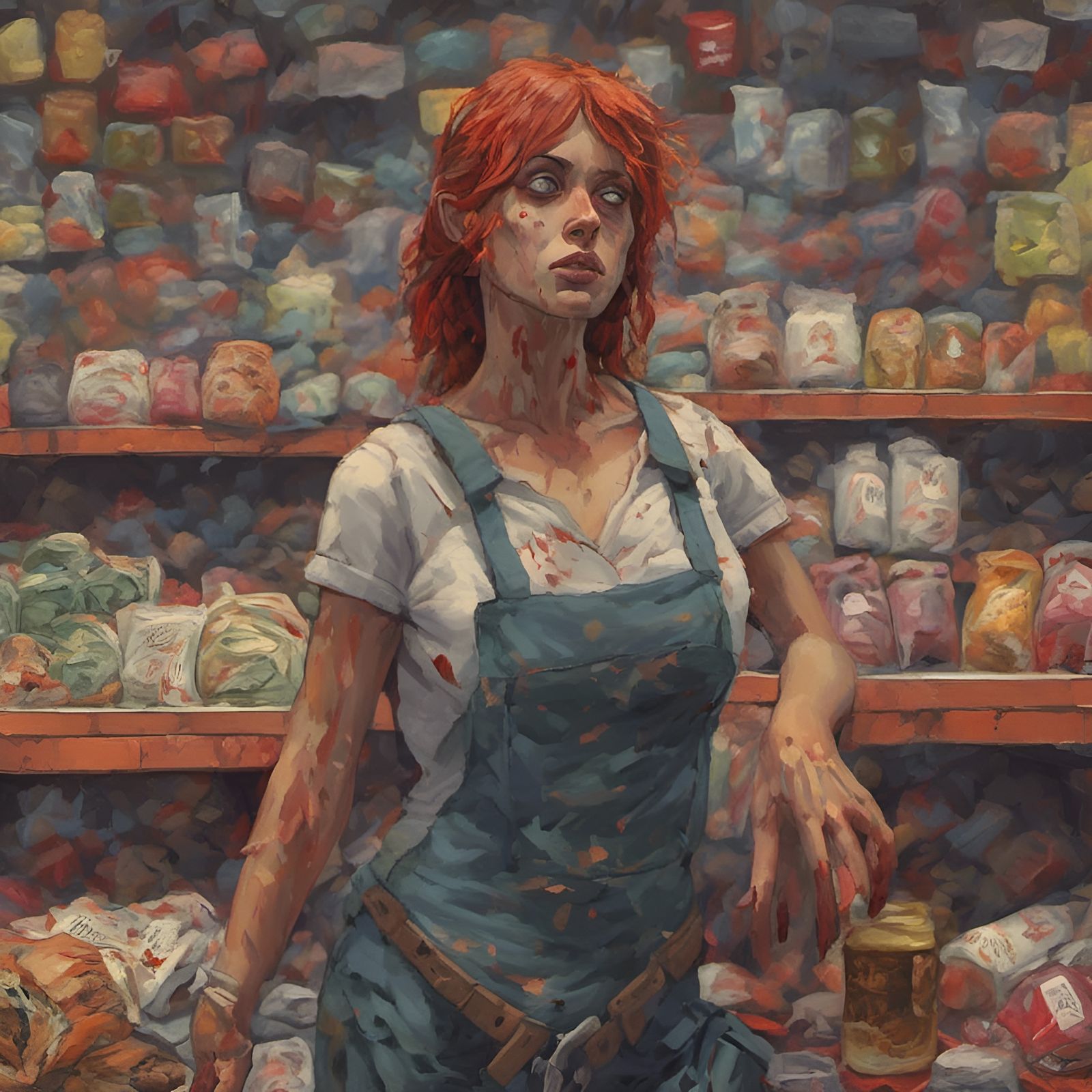 <lora:MayaNoia XL:1.0> A woman barricading herself in a conv...