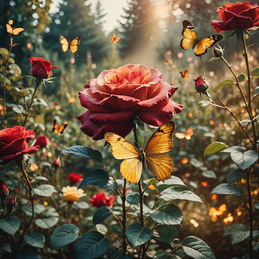 Red Rose with Yellow Butterfly Double Exposure