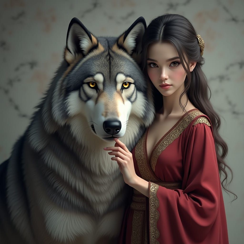 Grey Wolf Goddess with Traditional Woman in Crimson Robe