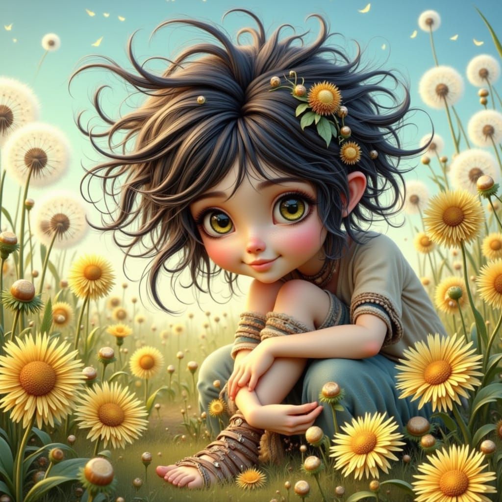 Girl in a Field of Dandelions, Bohemian Whimsy Illustration