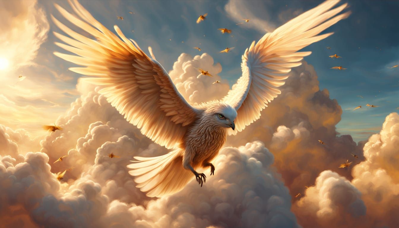 Ethereal Figure Soaring Through Golden Clouds