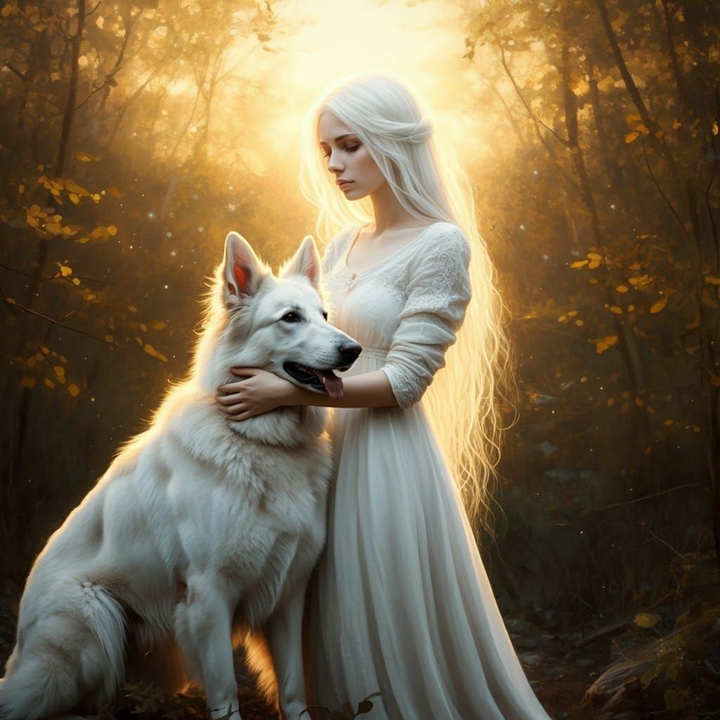 Ethereal Woman and White Shepherd in Mystical Forest