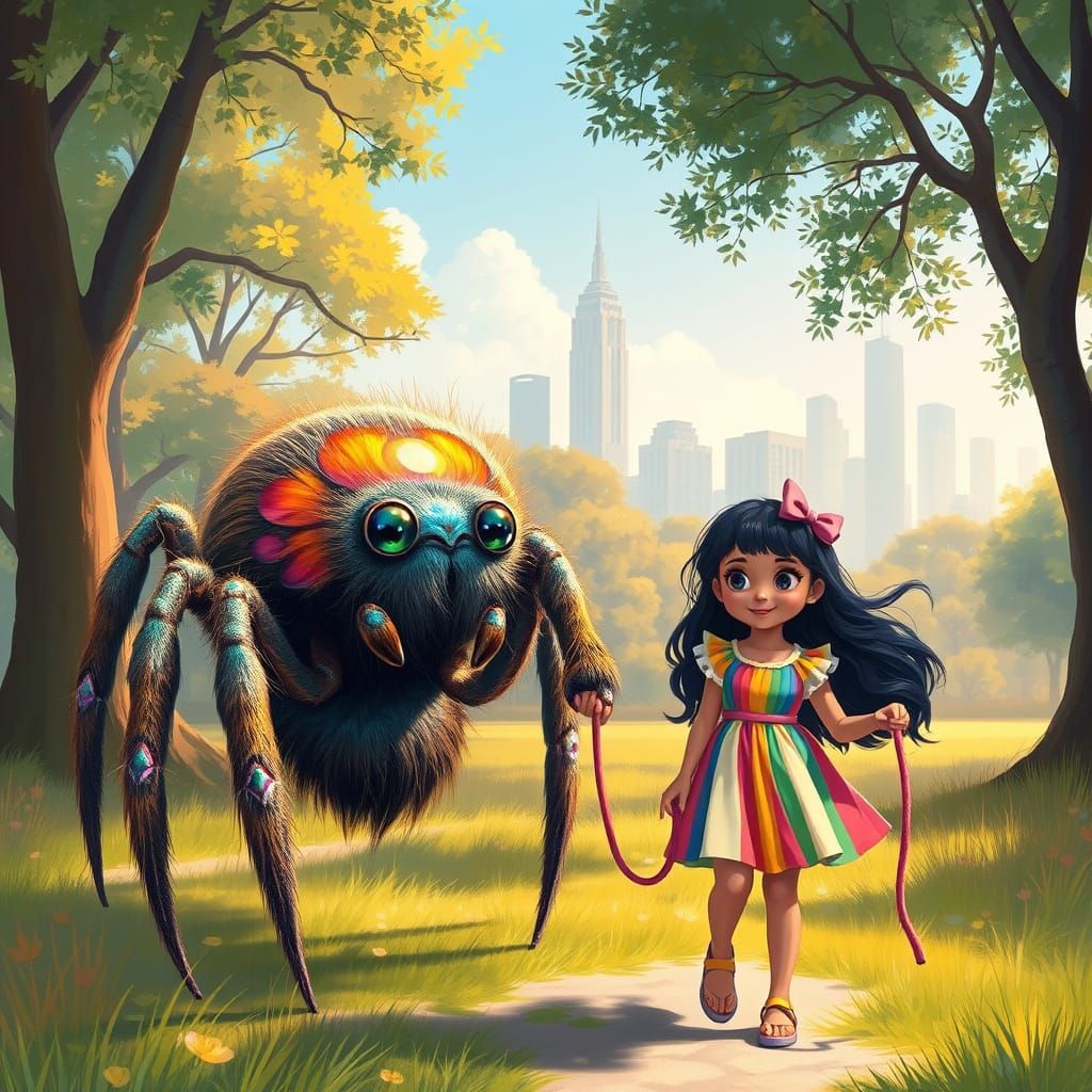 Whimsical Spider and Girl Stroll Through a Vibrant Park