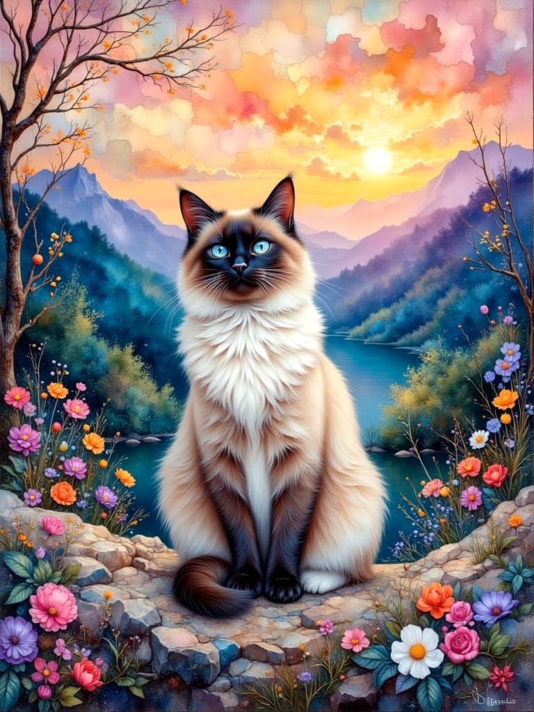 Elegant Siamese Cat Amidst Ethereal Landscape