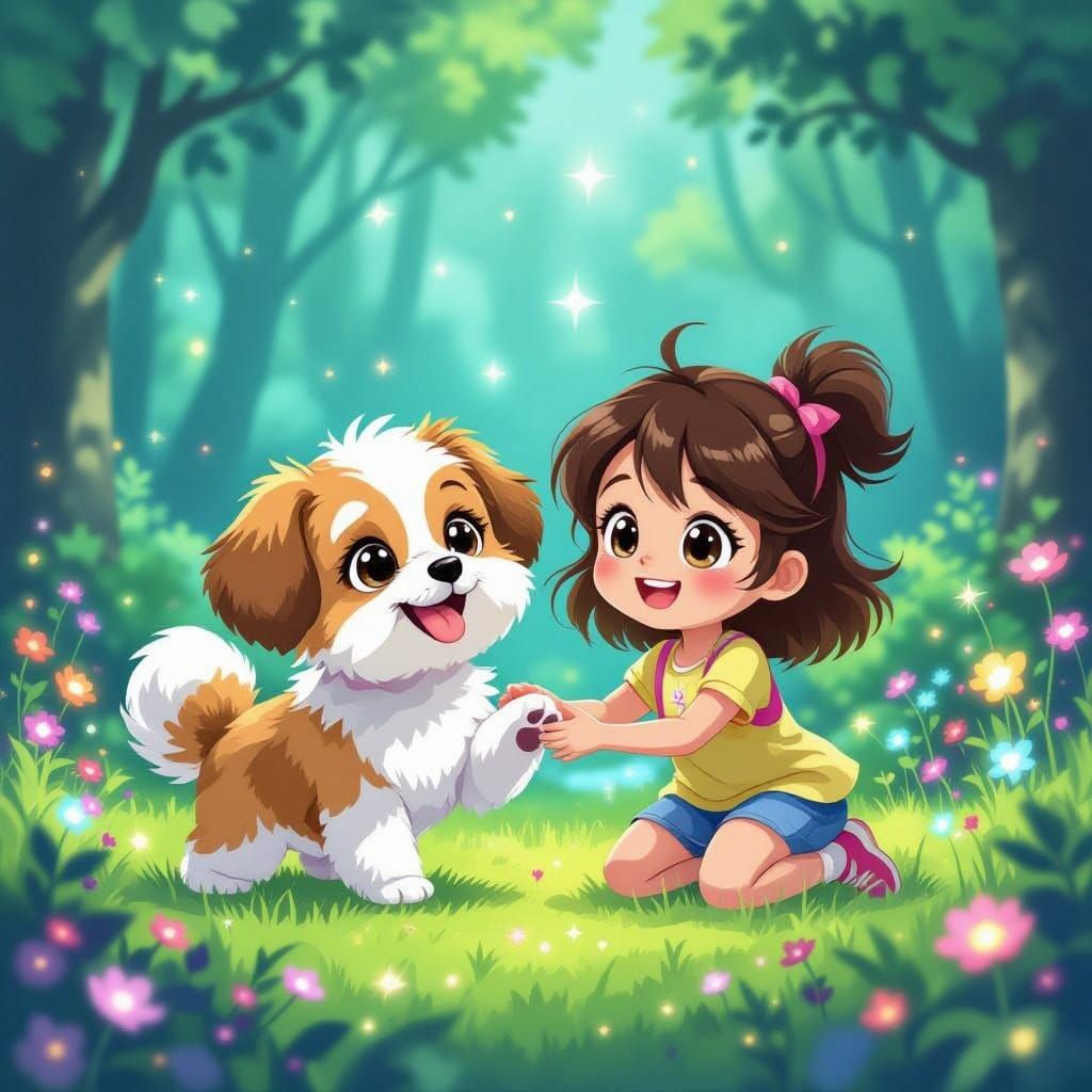 Shitzu Dog and Girl in Enchanted Forest - Anime Style