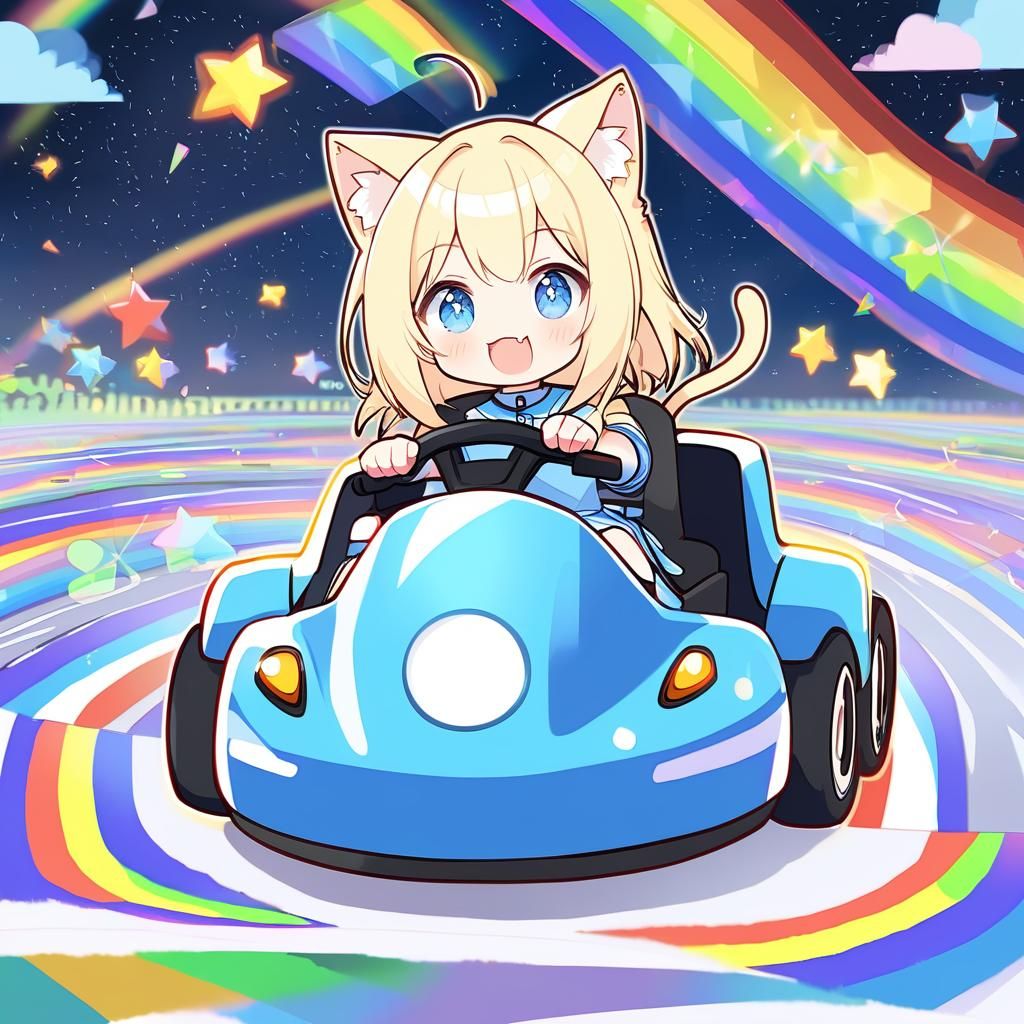 Cute Catgirl on Rainbow Road in Go-Kart