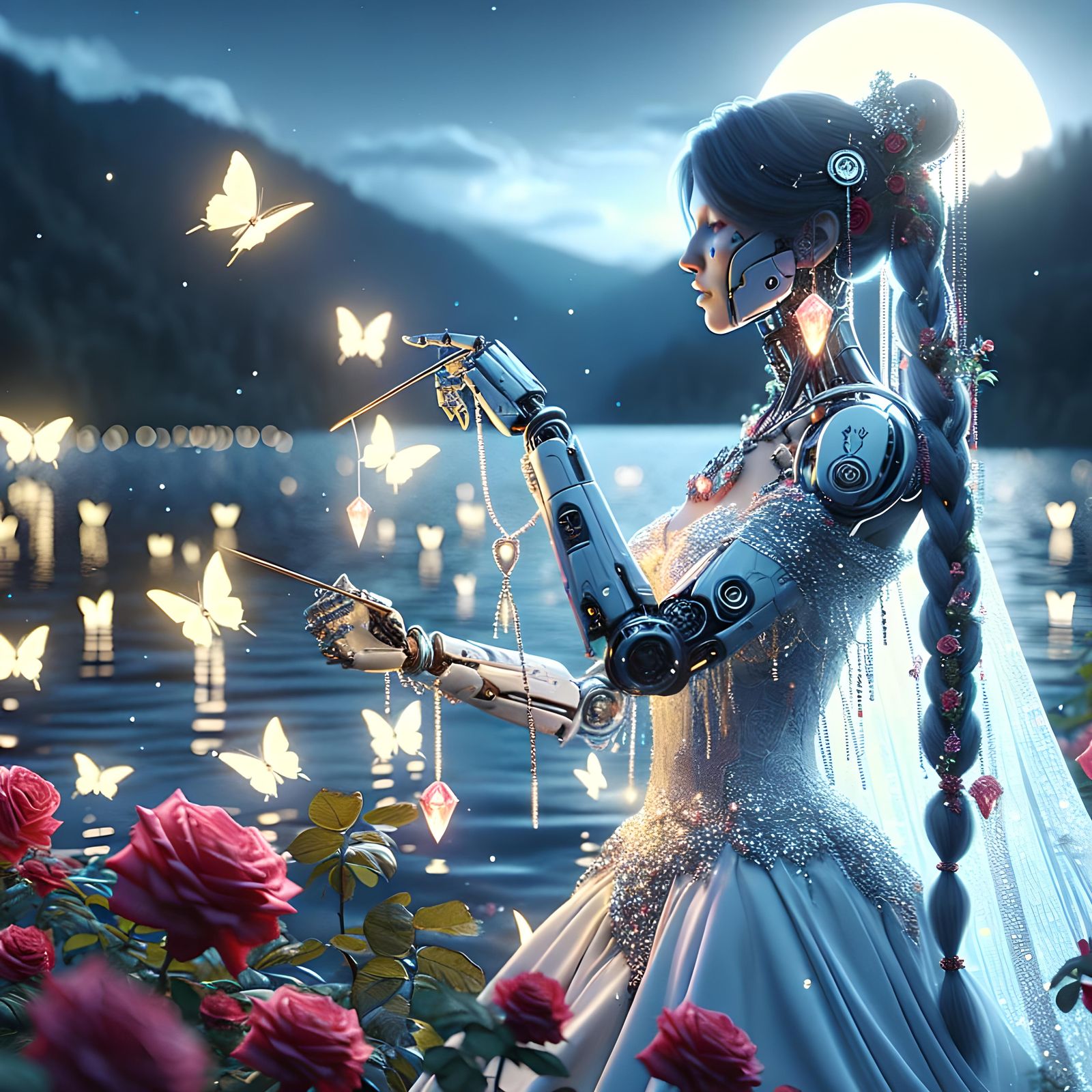 Mecha Vampire Woman in Luminous Landscape