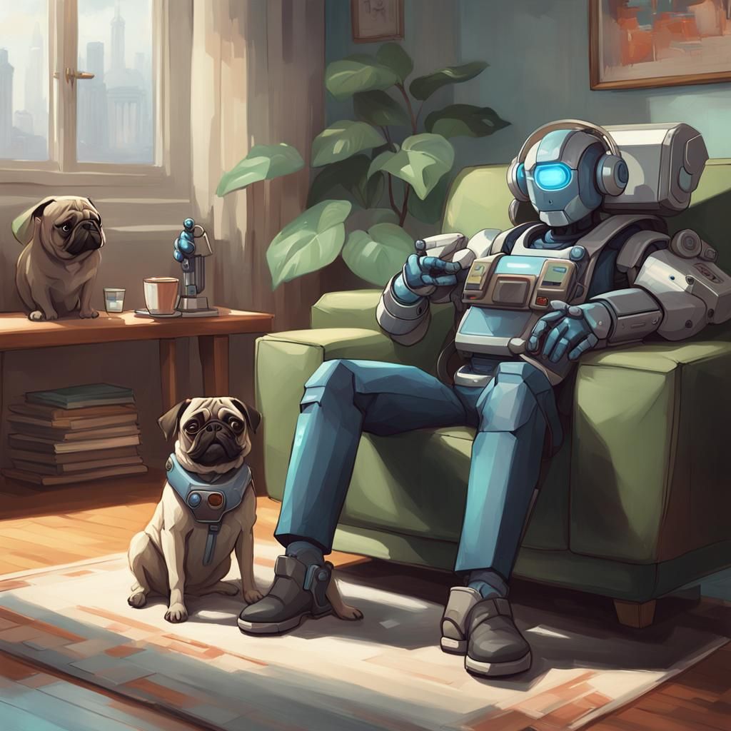 Robot and Pug Portrait in Hyperdetailed Style