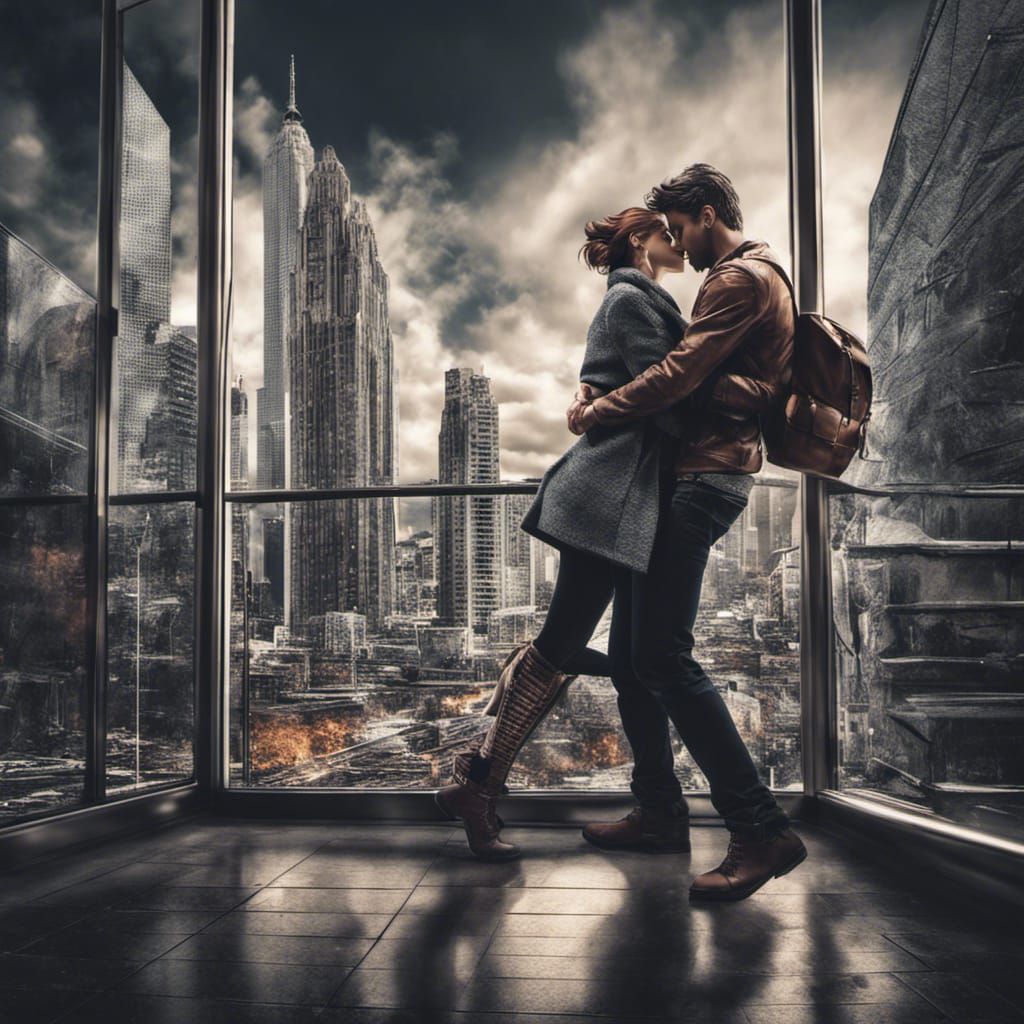 Hyperrealistic Cityscape: A Couple Falling in Love