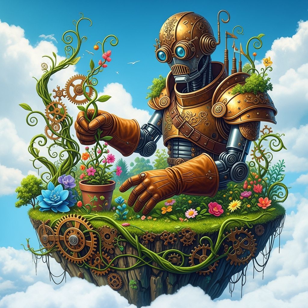 Steampunk Robot Garden in Mixed Media Collage