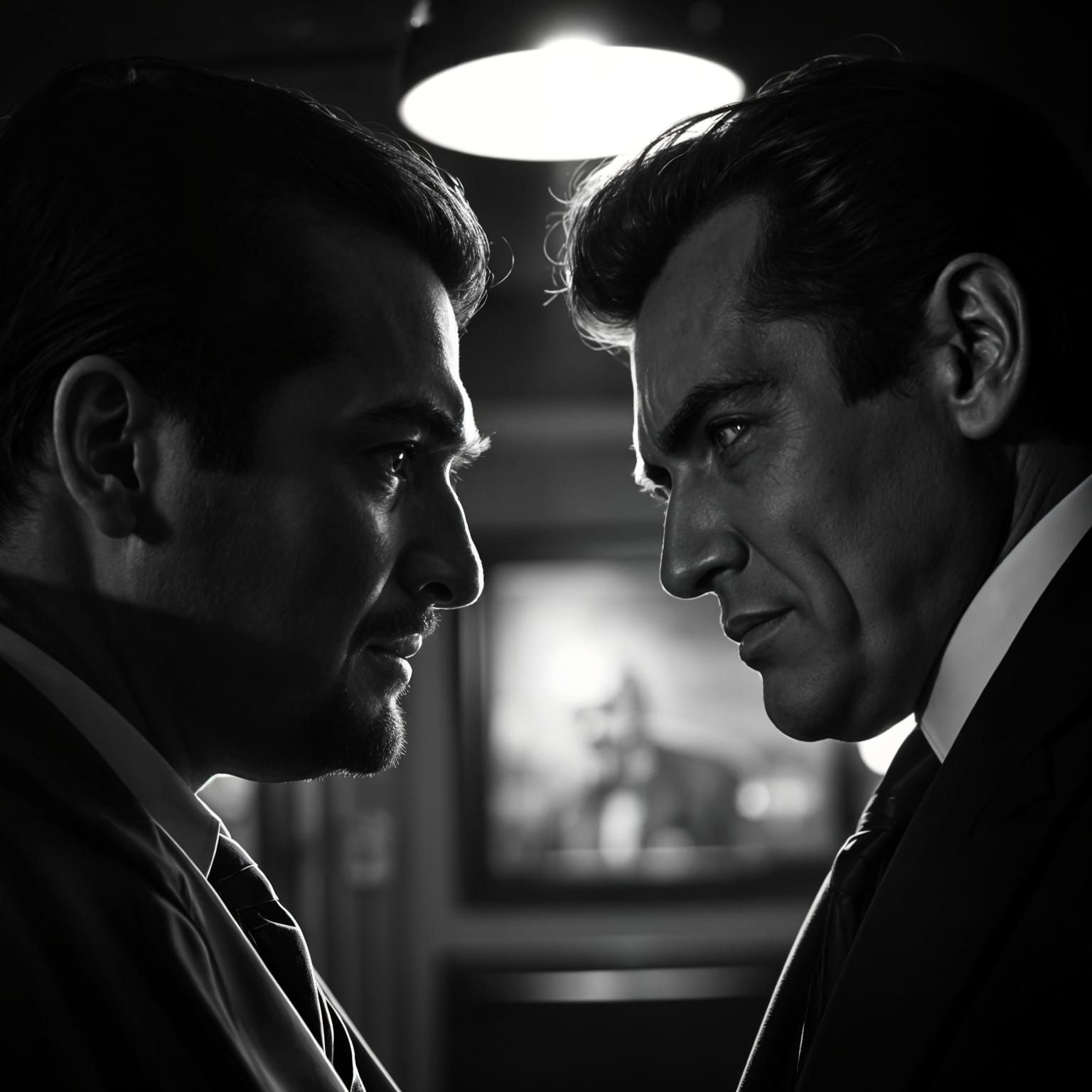 "A dramatic black-and-white cinematic close-up of two actors engaged in an intense face-off, their expressions rich with...