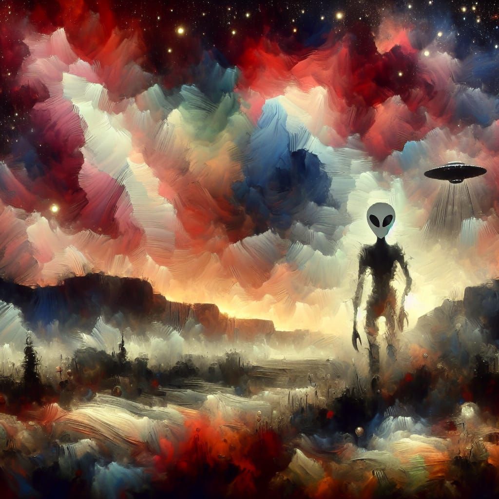 Epic Alien Abduction as Impressionist Gouache Painting