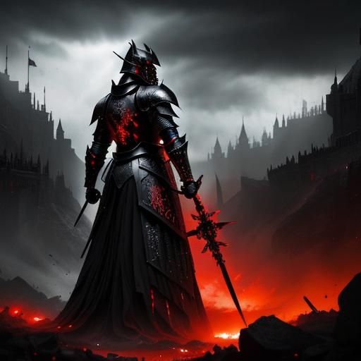 Black Knight in Red Armor Amidst Dark Warscape