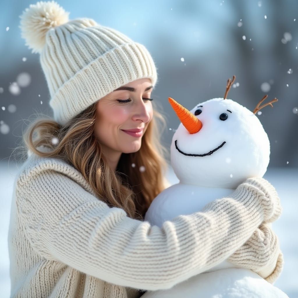Woman Embraces Snowman in Winter Portrait