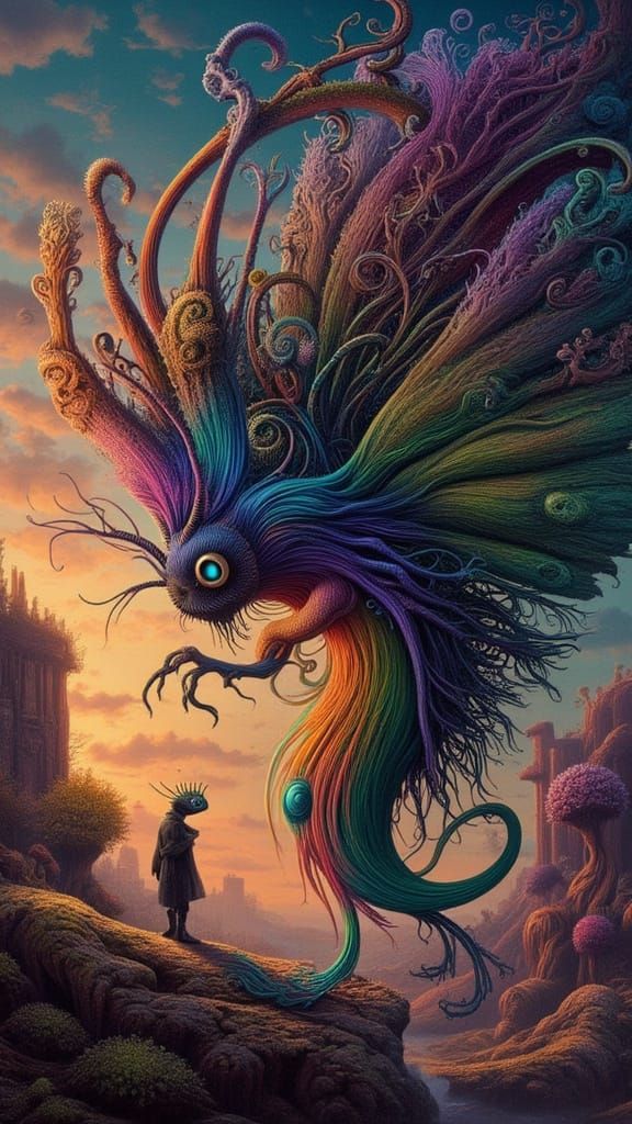 Man Dressed as Moth in Surreal Lightning Landscape