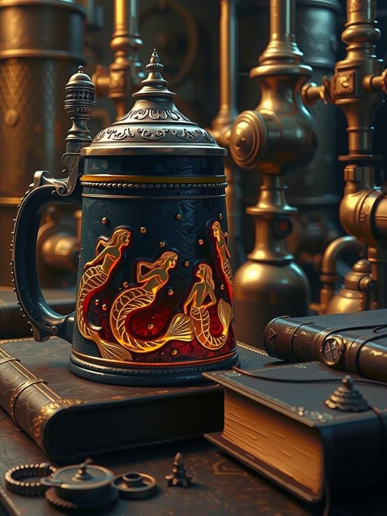 Steampunk Masterpiece with Intricate Mermaid Tankard and Dis...