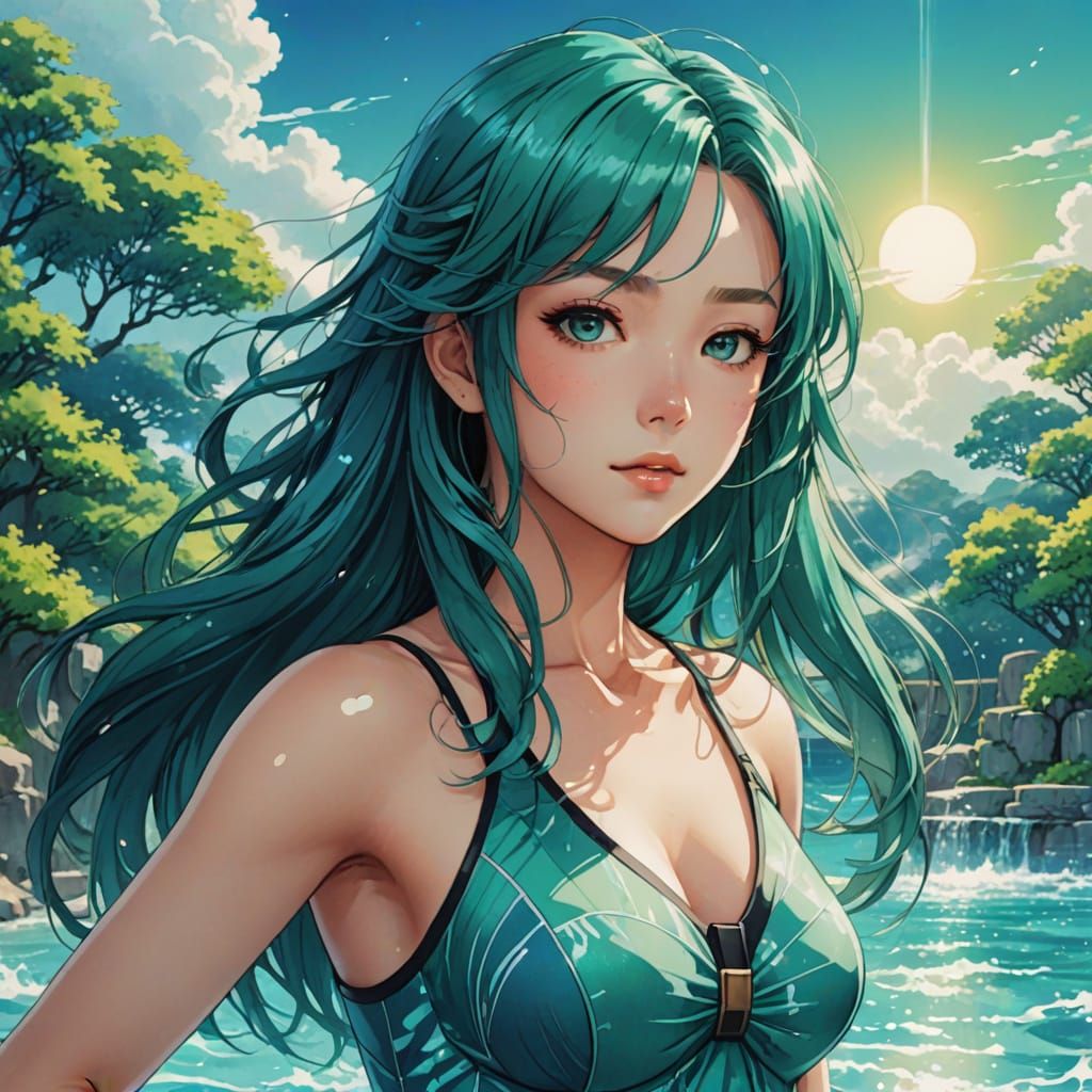 Elegant Anime Girl Glides Through Turquoise Pool