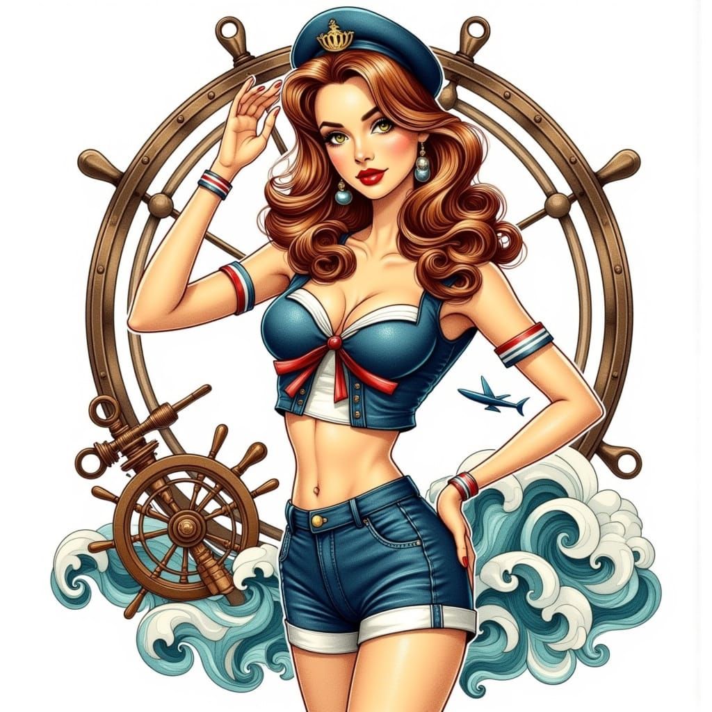 Glamorous Pin-Up Sailor Woman in Neo-Traditional Tattoo Styl...
