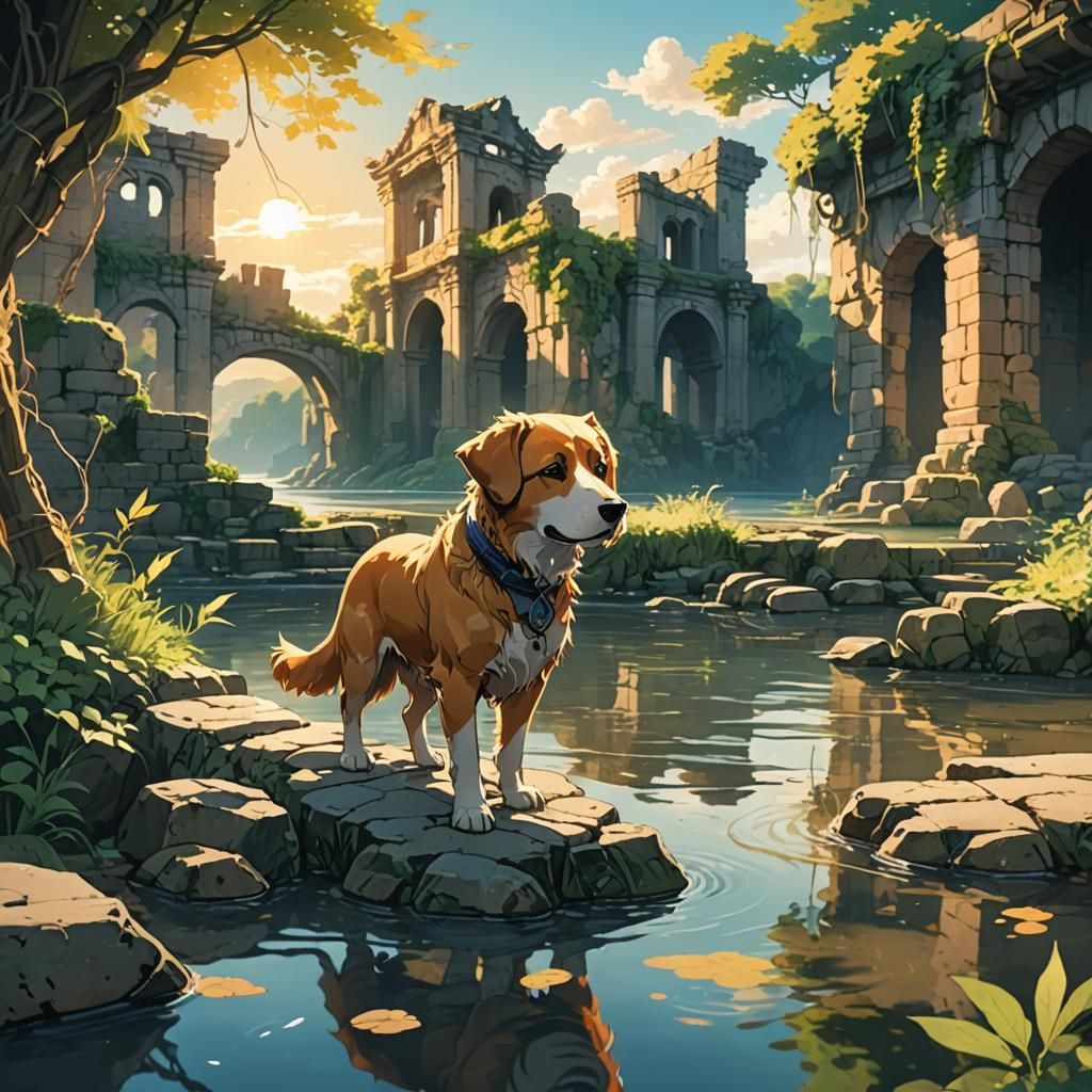 Anime Dog at River with Ancient City Ruins