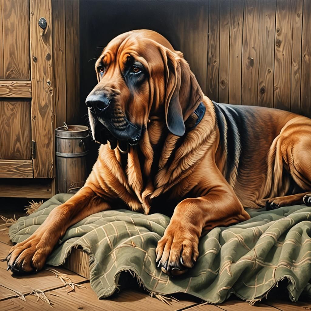 Bloodhound Asleep in Cottage: Airbrush Oil Painting