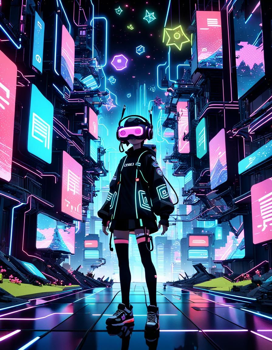 Futuristic Anime VR Character in Neon Digital Landscape