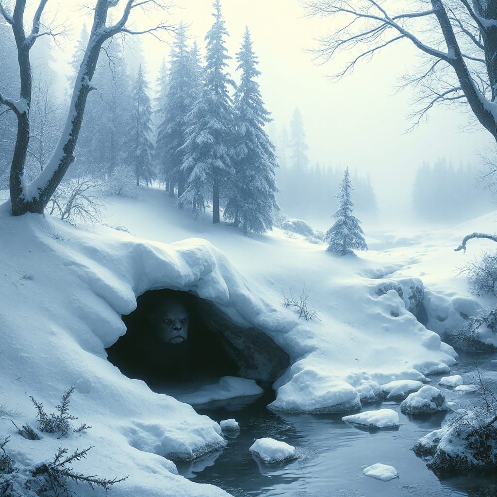 Gollum Creature in Serene Winter Landscape