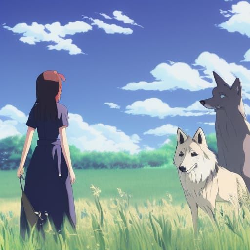 Girl and Wolf in Anime Style Field