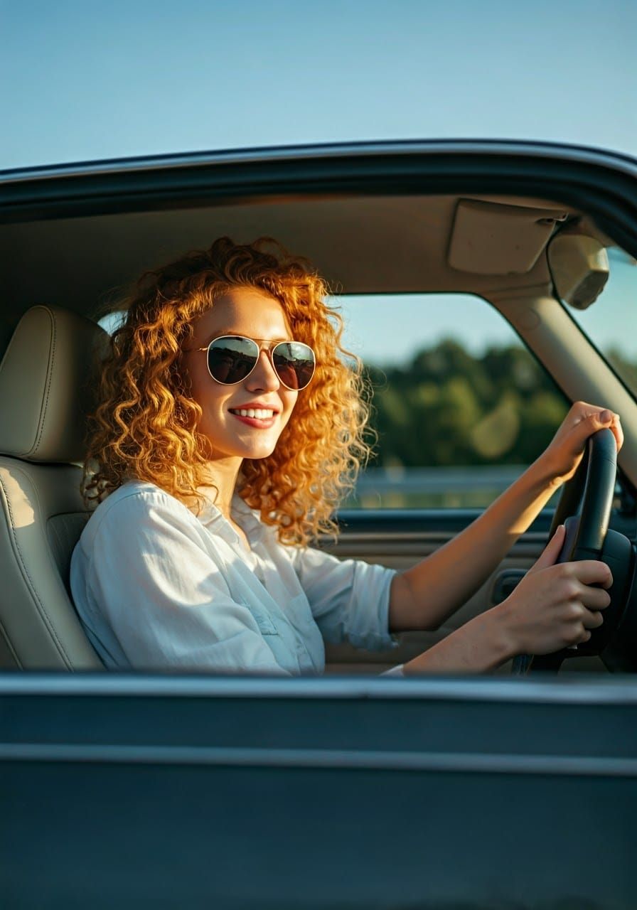 Confident Blonde Driver Cruises Open Road in Futuristic Car