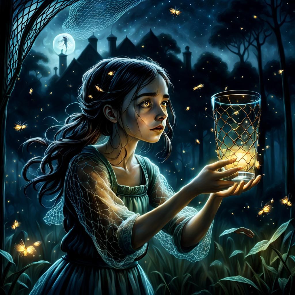 Girl Catching Fireflies in Tim Burton Style