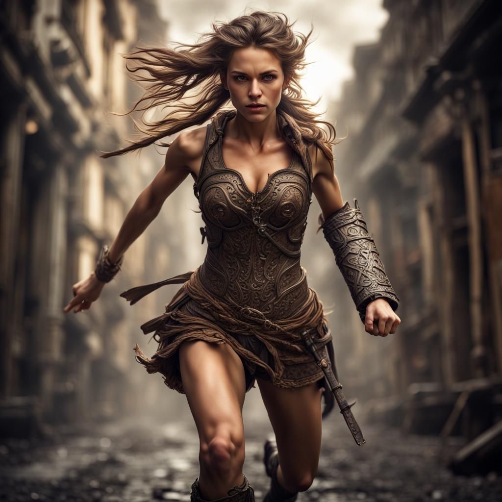 Hyperrealistic Fantasy Action Girl Running