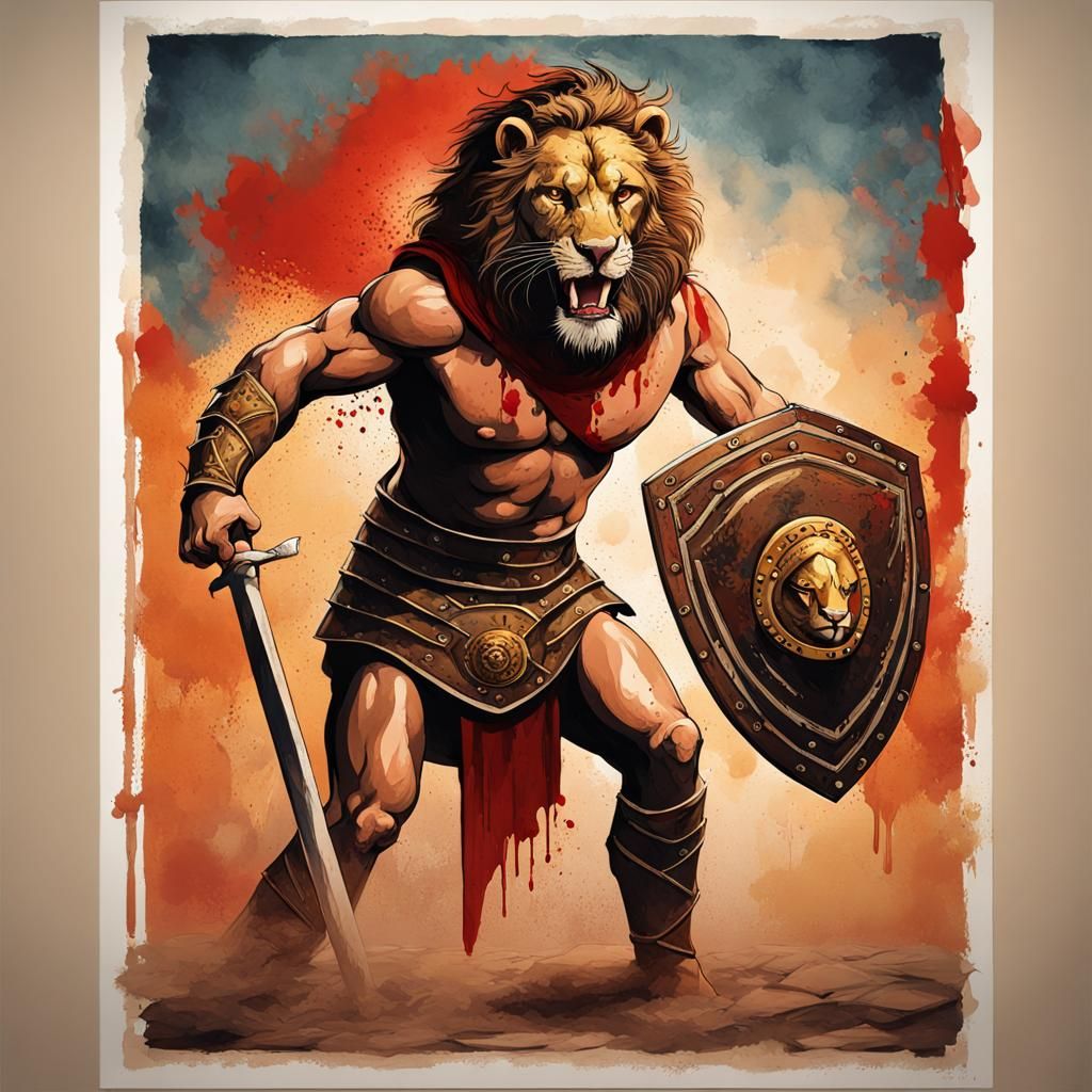 Vintage Poster of Roman Gladiator and Lion