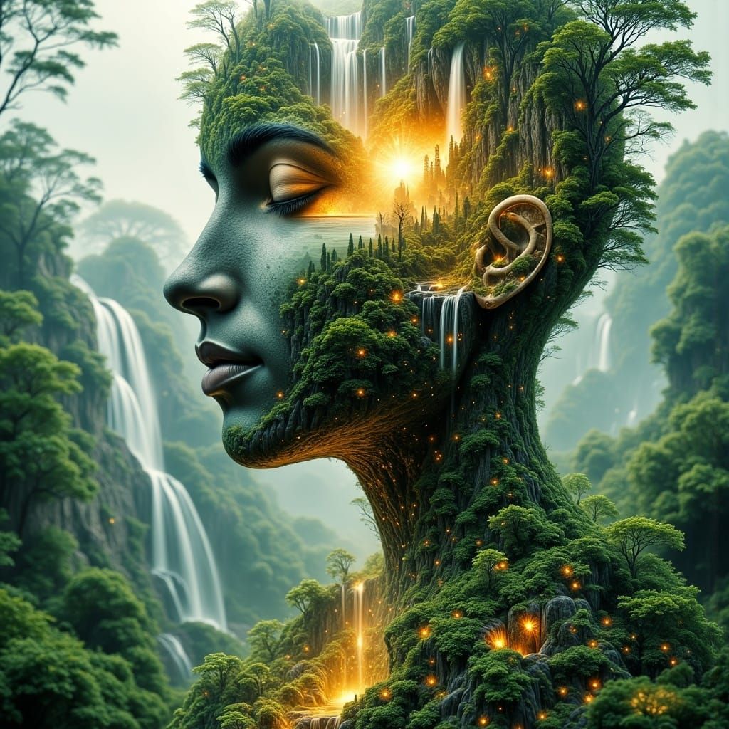 Serene Figure Radiates Ethereal Light Amidst Lush Greenery a...