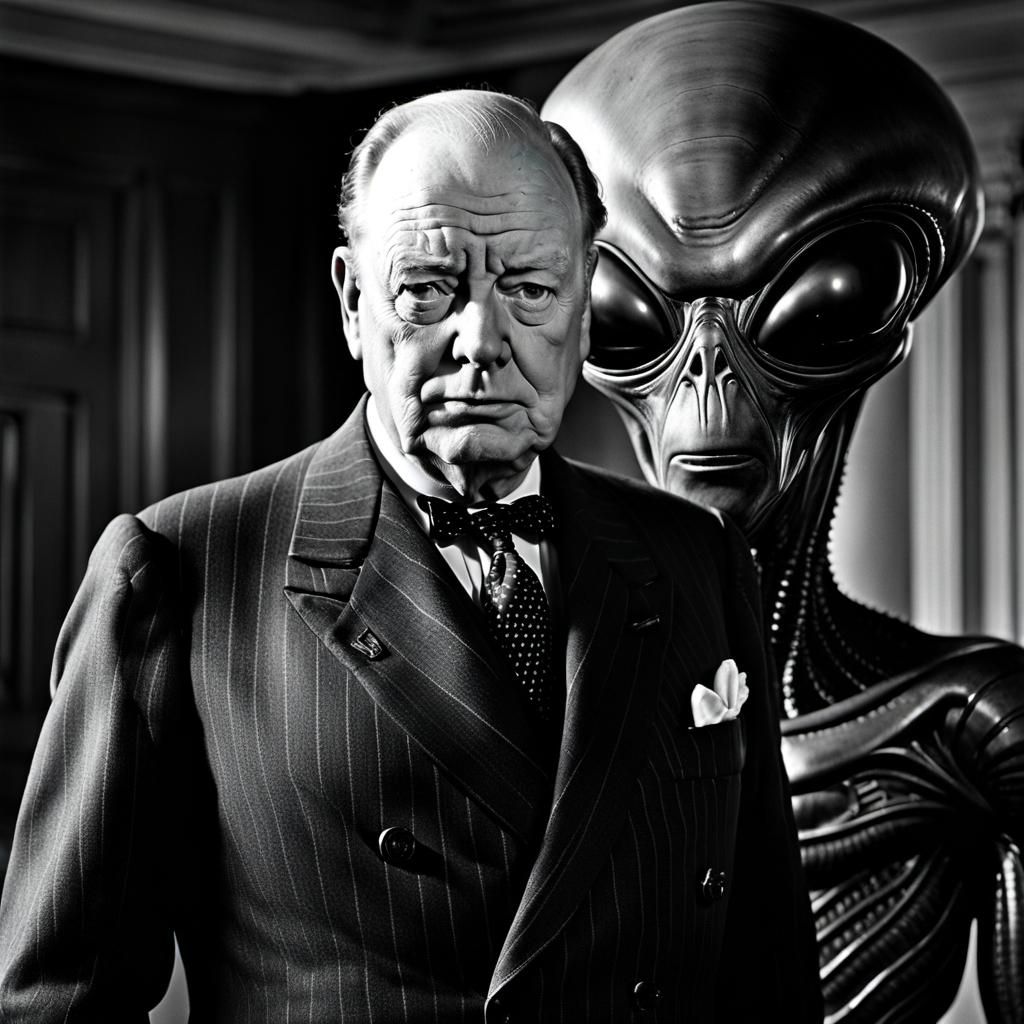 Churchill Portrait with Alien in Iconic Photography Style