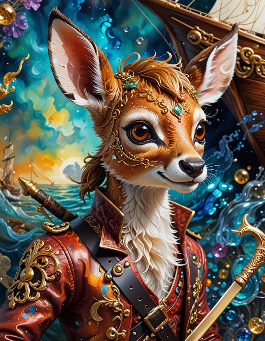 Surreal Pirate Deer Painting with Golden Tendrils